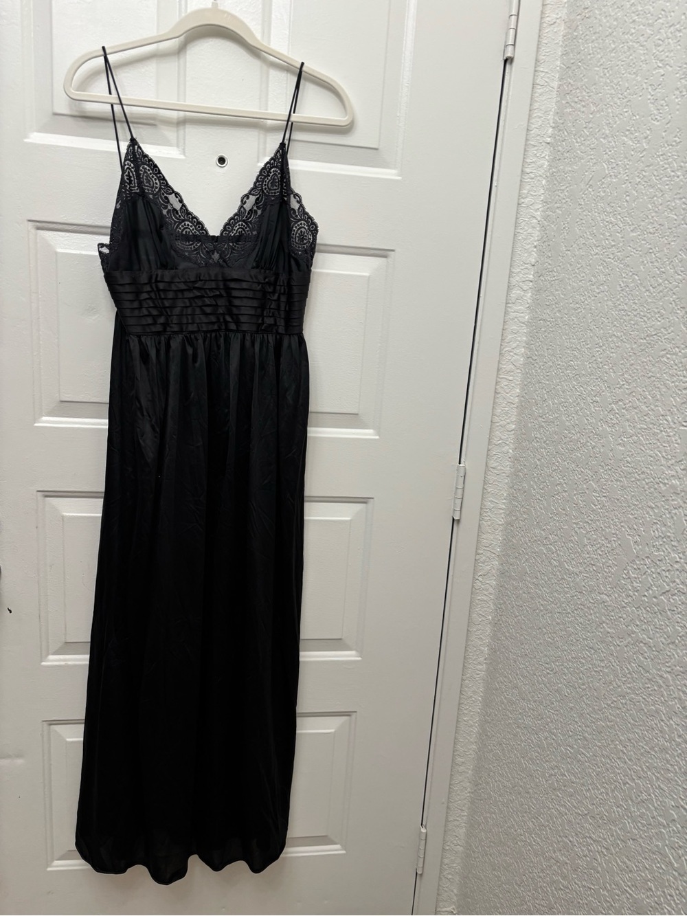 Vintage Lily of France Nightgown Black Satin Lingerie Long lace slip